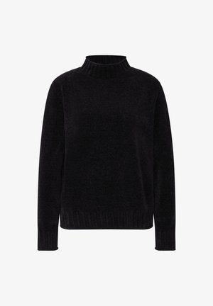 Sort rullekrave-sweater lavet af struktureret, blødt stof. Lange ærmer og ribbet kantdetalje giver en tæt pasform. Minimalistisk design uden mønstre.