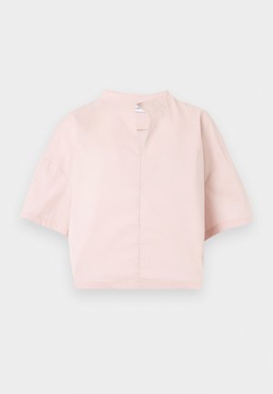 Light pink short-sleeve blouse with a high neckline and a front slit, displayed on a plain white background.