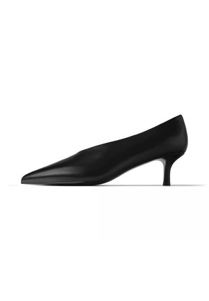 Schwarzer Damen-Lederpumps mit spitzer Kappe und schlankem mittelhohem Absatz, seitlich auf weißem Hintergrund dargestellt.