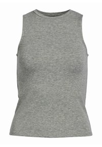 Top senza maniche grigio chiaro a coste con scollo rotondo e aperture laterali per una maggiore libertà di movimento. Tessuto morbido e elasticizzato con una silhouette aderente.