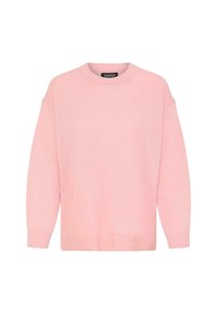 Rosa tröja i mjukt, lätt tyg. Har rundad halsringning, nedhasade axlar och ribbade mudd och fåll. Klassisk, avslappnad passform.