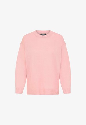 Roze trui van zacht, lichtgewicht materiaal. Heeft een ronde hals, verlaagde schouders en ribgebreide mouwen en onderkant. Klassieke, relaxte pasvorm.