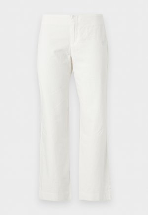 Pantalon blanc à jambes droites avec poches avant et fermeture à bouton, présenté sur un fond blanc uni.