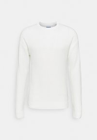 Maglione bianco a maglia con collo rotondo, caratterizzato da costine testurizzate e maniche lunghe, realizzato in tessuto morbido. Nessun motivo o accento visibile.