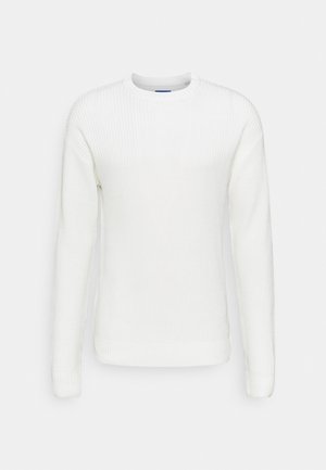 Weißer Strickpullover mit Rundhalsausschnitt, der über eine strukturierte Rippung und lange Ärmel verfügt, aus weichem Stoff gefertigt. Keine sichtbaren Muster oder Akzente.