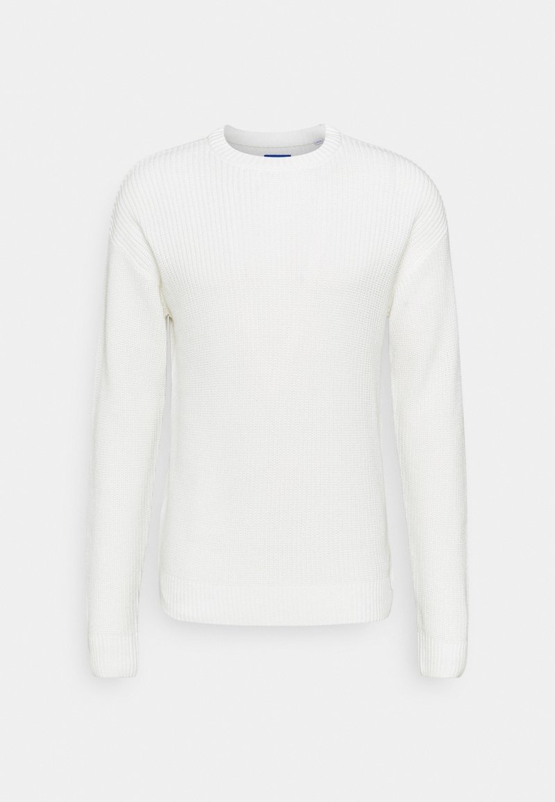 Maglione bianco a maglia con collo rotondo, caratterizzato da costine testurizzate e maniche lunghe, realizzato in tessuto morbido. Nessun motivo o accento visibile.