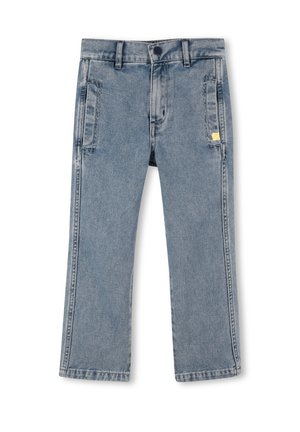 Jean en denim bleu clair avec une coupe droite, comportant deux poches avant et une petite étiquette jaune sur le côté. Style classique à 5 poches.