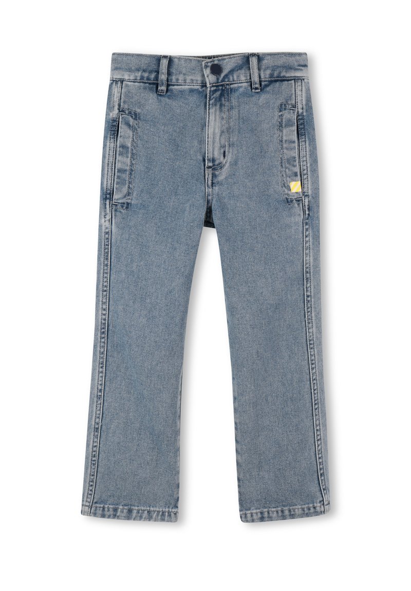 Jeans in denim azzurro chiaro con design a gamba dritta, dotati di due tasche frontali e un piccolo etichetta gialla sul lato. Stile classico a 5 tasche.