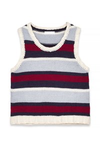 Débardeur en maille rayé bleu marine, rouge, bleu clair et crème ; il présente un col rond et un ourlet côtelé. Matière en coton texturé.