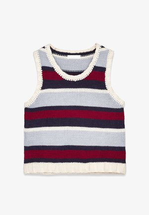 Prugasta pletena majica bez rukava v mornarsko modri, rdeči, svetlo modri in kremni barvi; ima okroglo ovratnico in rebrast zaključek. Teksturno bombažno blago.