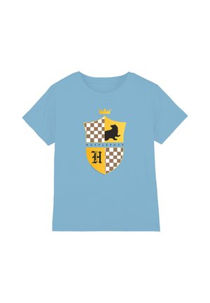 Light blue t-shirt with a yellow and brown Hufflepuff crest featuring a badger, crown, and letter "H" in the center.