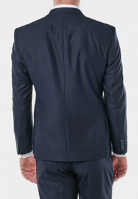 Veste de costume bleu marine foncé vue de dos. Coupe ajustée avec un tissu texturé, un col cranté et des poignets à trois boutons. Finition lisse.