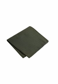 Green and yellow patterned pocket square, made of textured fabric, folded neatly, showcasing a diagonal weave design.