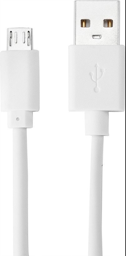 Weißes USB-Kabel mit flachem Endstecker und einem Micro-USB-Stecker. Glatte Textur, flexibel, mit einem Standard-USB-Logo auf dem Stecker.
