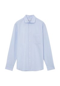 Camicia azzurra a maniche lunghe realizzata in un tessuto testurizzato. Presenta un colletto, bottoni frontali e una tasca sul petto.