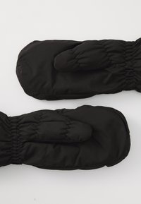 Zwarte geïsoleerde wanten met een gladde textuur, een ronde vorm en een elastische manchet voor een strakke pasvorm. Dubbelzijdig ontwerp voor warmte.