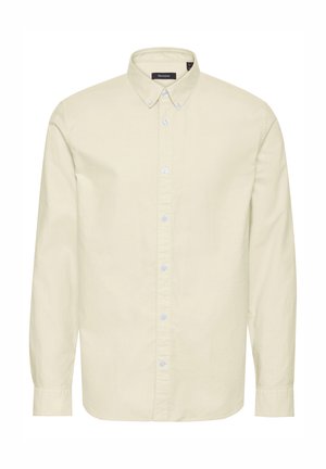 Lichtgele lange mouwen knoopsluiting shirt met een klassieke kraag en blauwe knopen, met een soepele stof en een relaxte pasvorm.