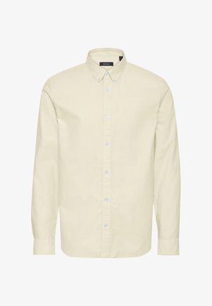 Lichtgele lange mouwen knoopsluiting shirt met een klassieke kraag en blauwe knopen, met een soepele stof en een relaxte pasvorm.