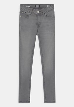Grijze denim jeans met een slanke pasvorm, voorzien van vijf zakken, een metalen knoopsluiting en subtiele stiksel details. Gladde textuur over het geheel.