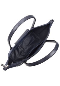 Borsa a tracolla navy con zip superiore, esterno in pelle liscia, tracolle testurizzate e un ampio interno in tessuto nero. Presenta una tasca interna.