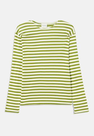 Long-sleeve shirt featuring horizontal green and white stripes, round neckline, soft fabric, and straight cut with a relaxed fit.