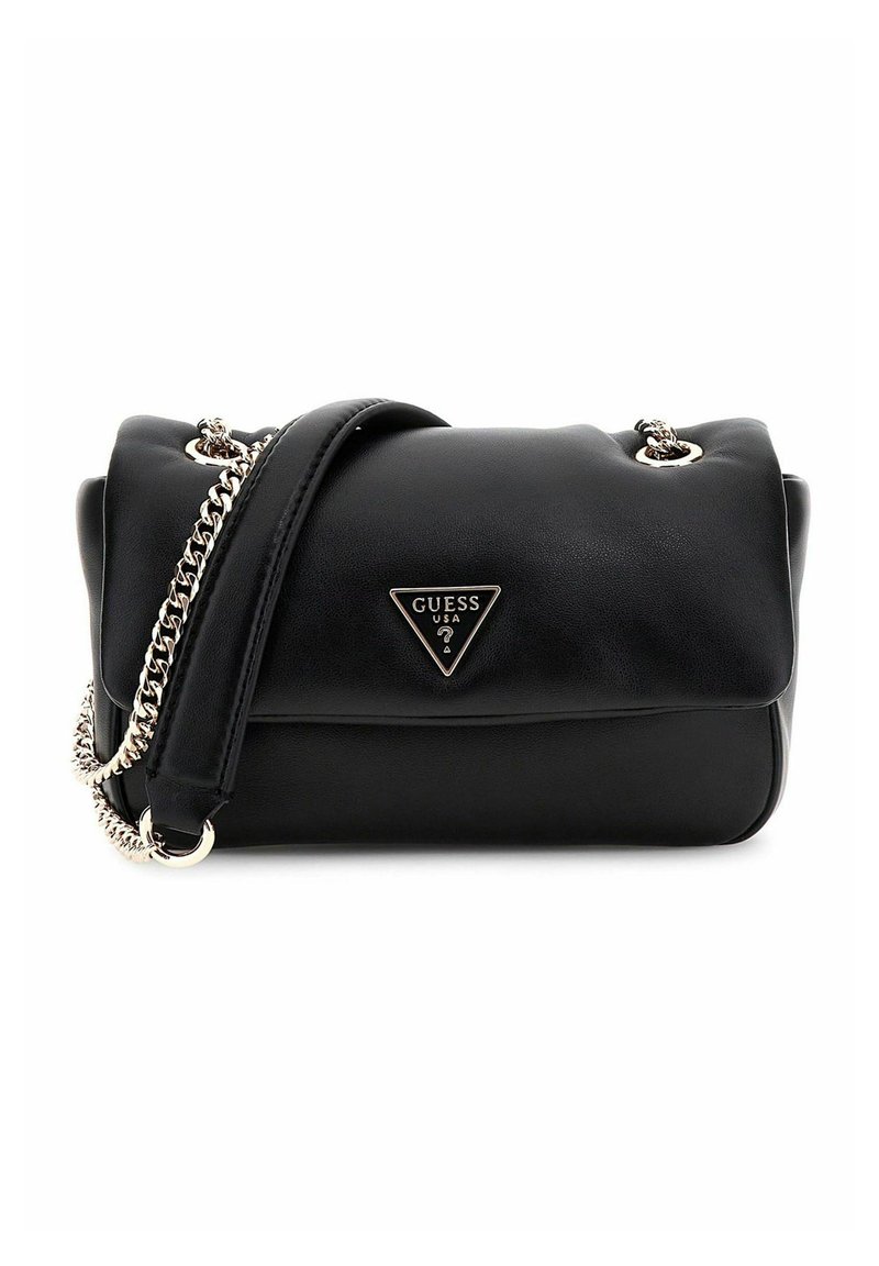 Borsa a tracolla nera in finta pelle con catena, dettaglio del logo triangolare, texture morbida e design con pattina pieghevole.