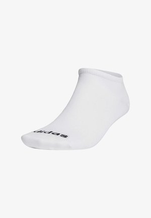 White ankle sock made of a smooth, stretchy material. Features a black logo on the bottom and a ribbed cuff at the opening.