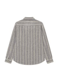 Gray striped wool shirt with a collar and buttoned cuffs. Vertical stripes are textured, with subtle cream accents on a soft fabric.