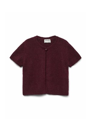 Short-sleeve, burgundy cardigan made of textured knit fabric with a round neckline and a single pearl button closure at the front.