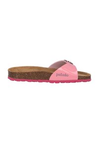 Sandal rosa slip-on con suola in sughero, caratterizzata da una parte superiore lucida e una suola in gomma rosa. Include un accento decorativo sulla cinghia superiore.