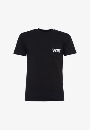 Czarny, krótki rękaw, T-shirt z okrągłym dekoltem i kieszenią z przodu, z białym logo Vans na lewej piersi.
