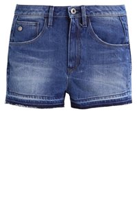 Jeansshorts i medelblått med ljusblekning, fem fickor och rå kant. Har en framknapp och dragkedjestängning.