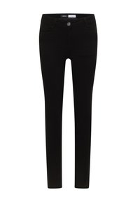 Vaqueros pitillo negros con una tela suave y elástica, cierre de botón y cremallera, y diseño clásico de cinco bolsillos.