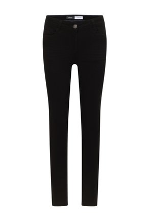 Schwarze Skinny-Jeans aus glattem, dehnbarem Stoff mit Knopf- und Reißverschluss sowie klassischem Fünf-Taschen-Design.