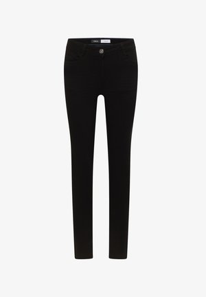 Schwarze Skinny-Jeans aus glattem, dehnbarem Stoff mit Knopf- und Reißverschluss sowie klassischem Fünf-Taschen-Design.