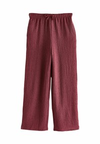 Burgunderfarbene weite Hosen mit elastischem Bund und Kordelzug, aus einem strukturierten Stoff mit einem zerknitterten Muster.