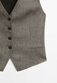 Gray linen vest with five black buttons, v-neckline, and a small side pocket. Slight texture with a tailored fit and angled bottom.