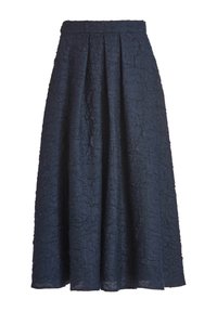 Jupe midi bleu marine taille haute en jacquard floral texturé avec plis sur le devant pour plus de volume.
