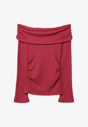 Rotes, geripptes Off-Shoulder-Oberteil mit umgeschlagenem Ausschnitt, langen Ärmeln und gerafften Seitendetails. Hergestellt aus weichem Stretchstoff.
