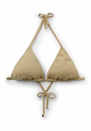 Gouden glinsterende driehoekige bikini top met verstelbare nek- en rugbandjes, weergegeven op een witte achtergrond.