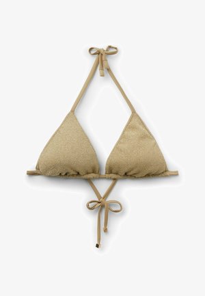 Top de bikini triangular con purpurina dorada y lazos ajustables en el cuello y la espalda, mostrado sobre un fondo blanco.