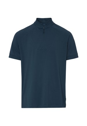 Chemise à manches courtes bleu marine avec fermeture éclair quart de tour et col montant, présentant des détails de coutures subtiles sur la poitrine et les manches.