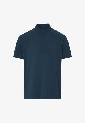 Chemise à manches courtes bleu marine avec fermeture éclair quart de tour et col montant, présentant des détails de coutures subtiles sur la poitrine et les manches.