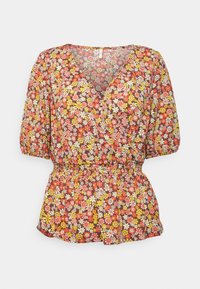 Blusa floral com decote em v, mangas curtas bufantes e cintura elástica. Apresenta um fundo castanho com flores rosas, amarelas e brancas.