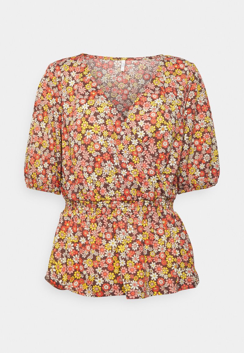 Blusa floral com decote em v, mangas curtas bufantes e cintura elástica. Apresenta um fundo castanho com flores rosas, amarelas e brancas.