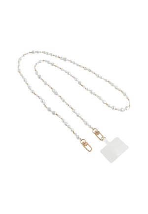 Beaded lanyard made of white pearls and gold accents with a clear ID holder. Features a mix of round and irregular shapes.