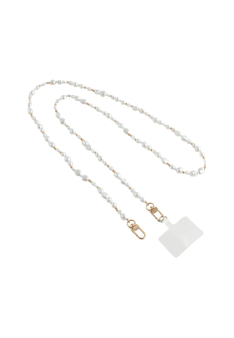 Lanyard din mărgele format din perle albe și accente de aur, cu un suport de identificare transparent. Prezintă o combinație de forme rotunde și neregulate.