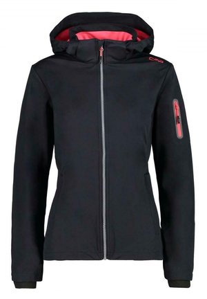 Veste noire à capuche avec fermeture éclair frontale, doublure rose à l'intérieur de la capuche et une poche zippée sur la manche gauche avec des accents roses.