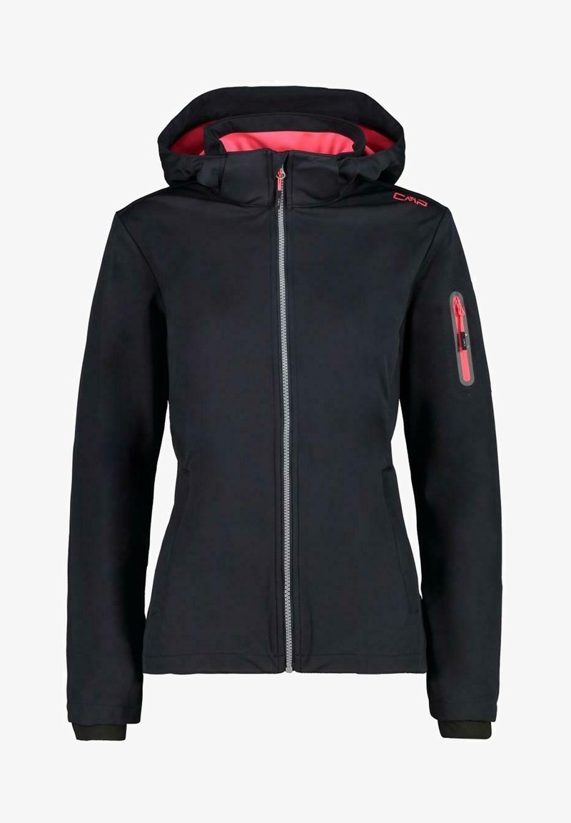 Veste noire à capuche avec fermeture éclair frontale, doublure rose à l'intérieur de la capuche et une poche zippée sur la manche gauche avec des accents roses.