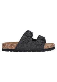 Sandale diaporama noire en texture avec deux sangles réglables, ornées de attaches en forme de cœur. Semelle intérieure en liège et semelle en caoutchouc pour plus de confort.